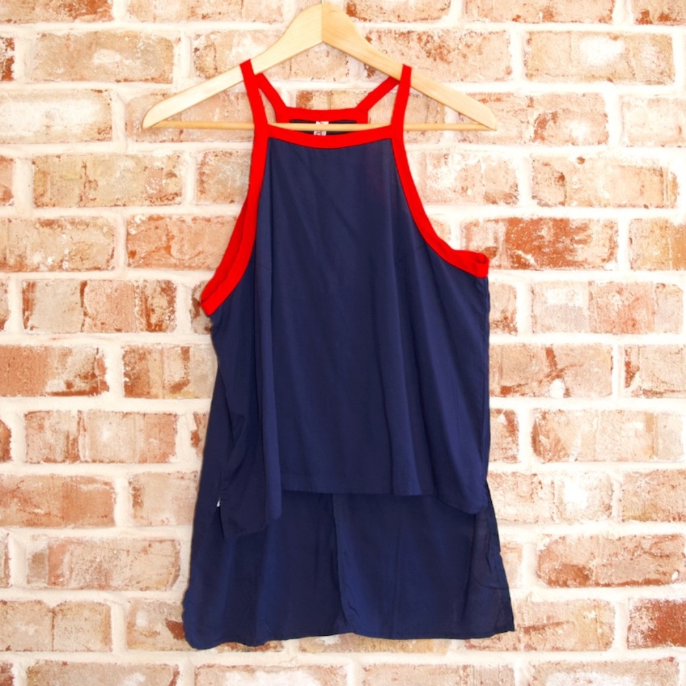 NWT Azzorti women's blue and red high-low halter neck top, size M